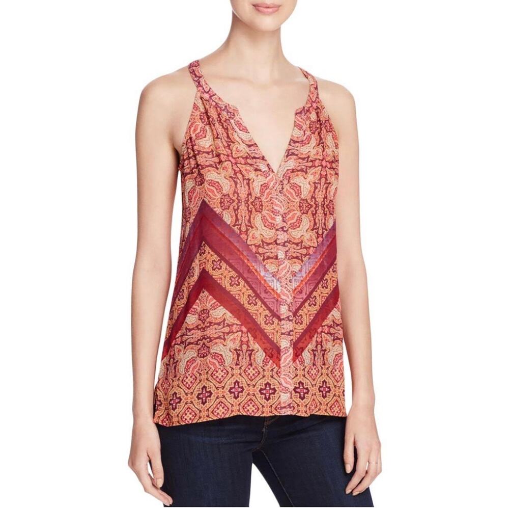 Sanctuary bollywood printed sleeveless split collar v-neck blouse XS